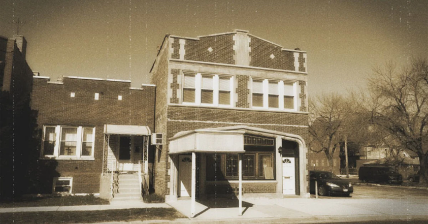 Black and white photo of funeral home
