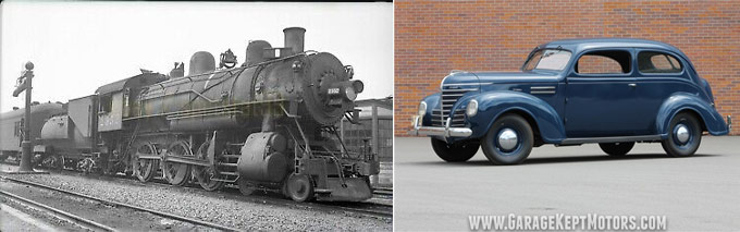 Train and 1940s-era Plymouth
